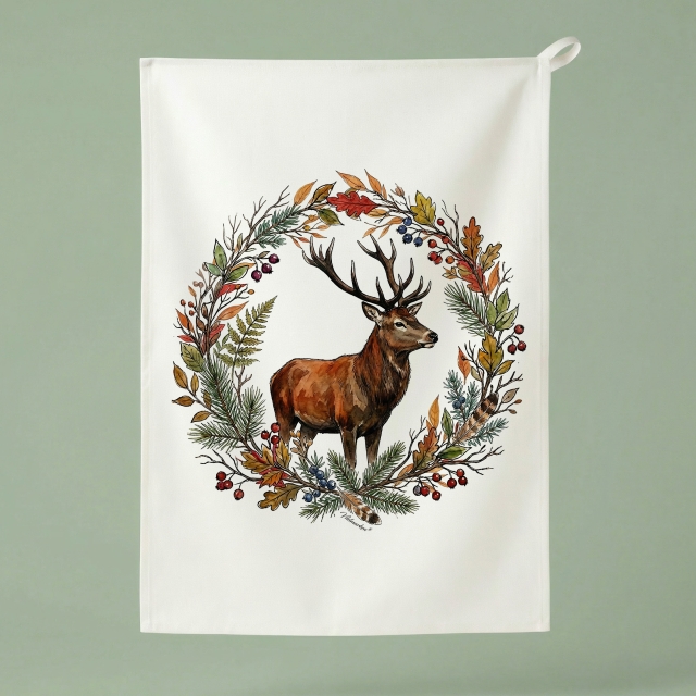 Rotwild im Naturkranz - Küchentuch 50x70 cm