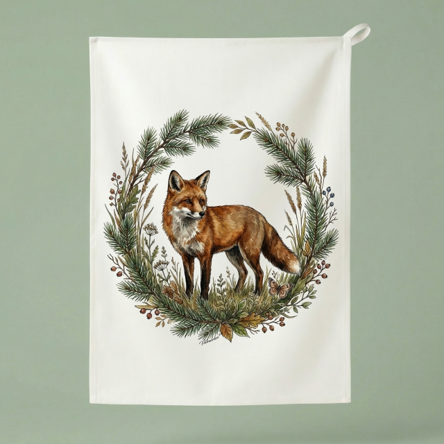 Rotfuchs im Naturkranz - Küchenhandtuch 50x70 cm