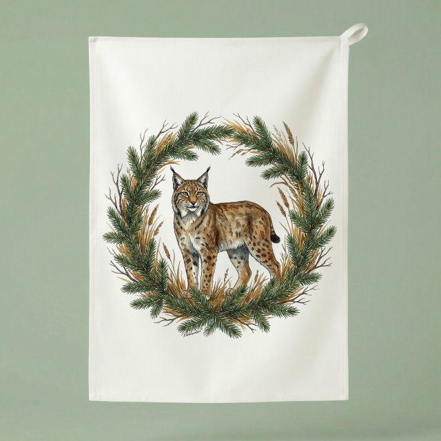 Luchs im Naturkranz - Küchenhandtuch 50x70 cm