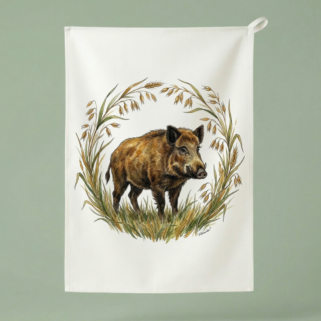 Wildschwein im Naturkranz - Küchenhandtuch 50x70 cm