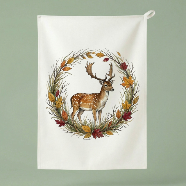 Damhirsch im Naturkranz - Küchenhandtuch 50x70 cm